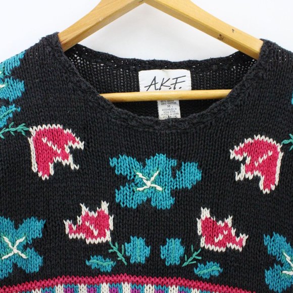 Vintage AKF Knit Sweater Womens Black Pullover Floral Embroidered Heavyweight M - Picture 5 of 9